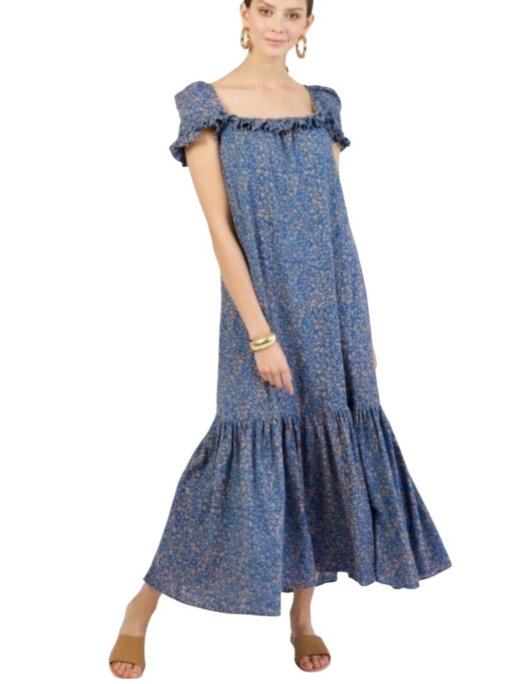 MIRTH Provence Dress Handmade Blue Flower Field Tier Ruffle Medium Maxi